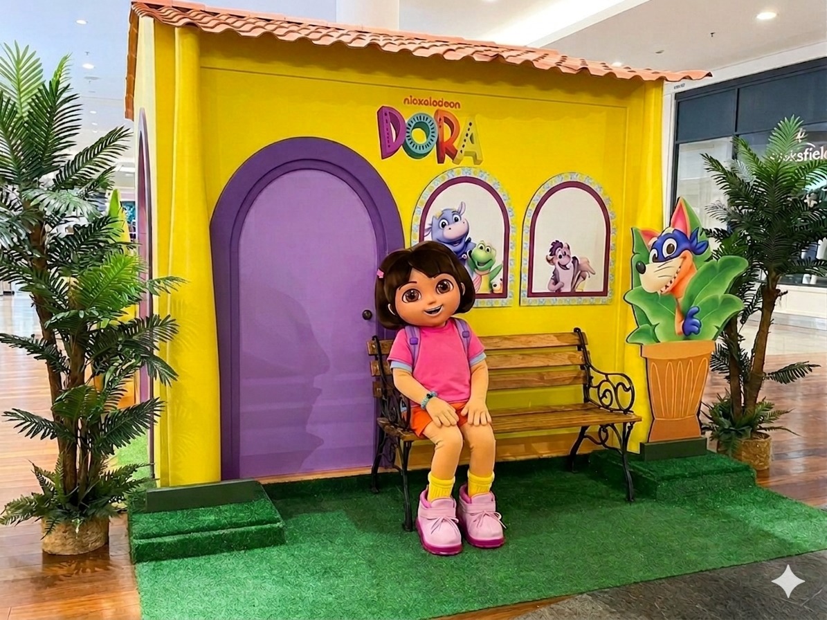 criancas participando circuito interativo da dora no shopping praia da costa