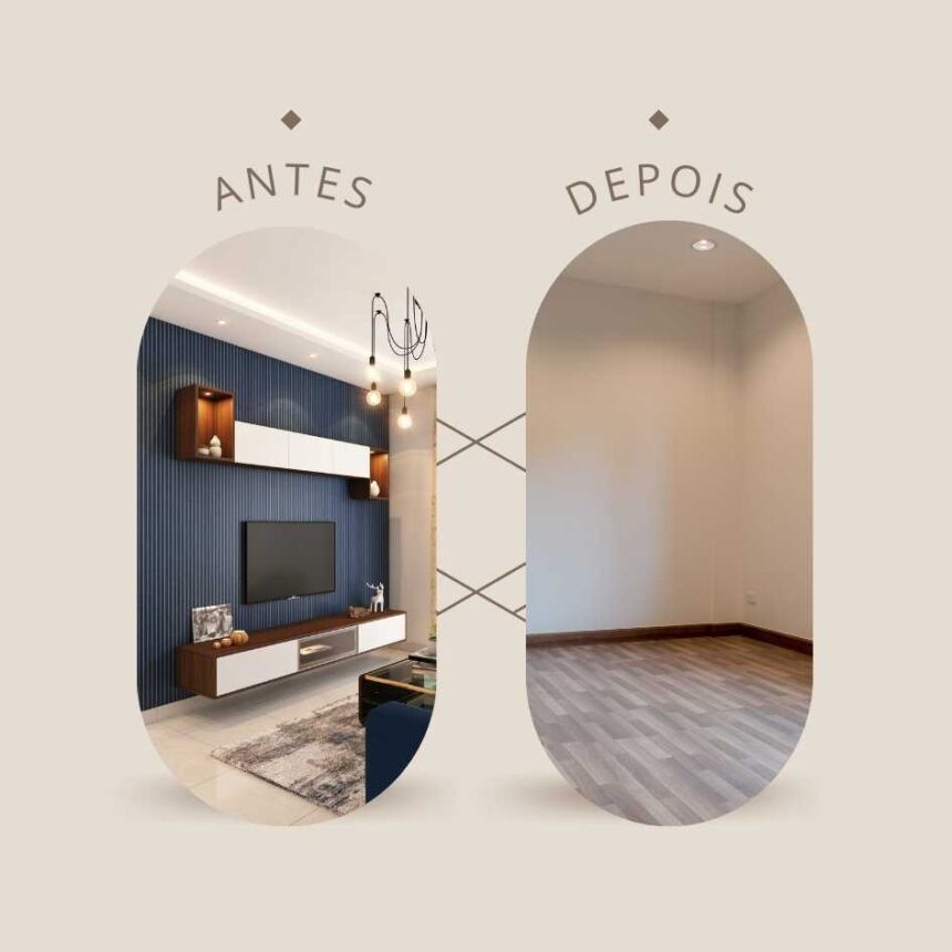 Comparação de uma parede com objetos e a mesma parede limpa, demonstrando como tirar fundo branco de imagem com precisão.