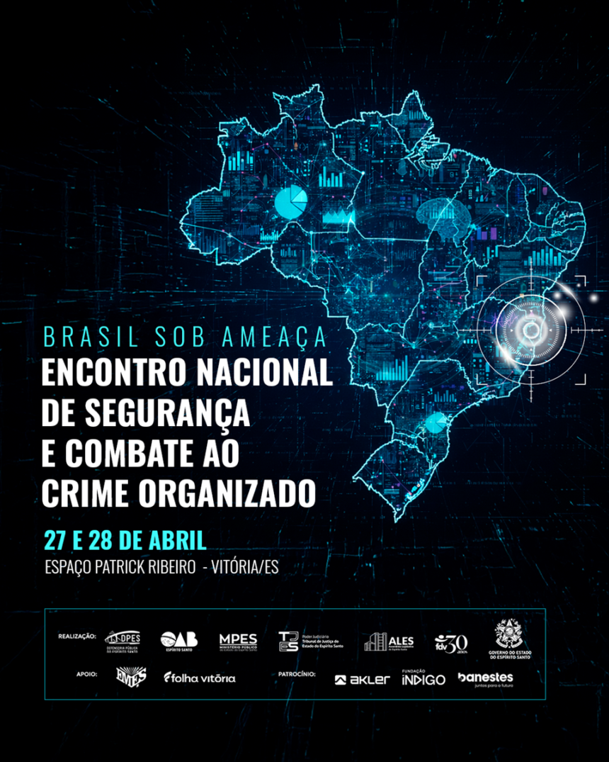 Mapa do Brasil estilizado com efeitos de inteligência artificial e gráficos digitais representando a segurança pública e o combate ao crime organizado.