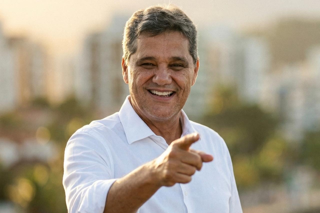 Governador Ricardo Ferraço sorridente em primeiro plano apontando para frente, representando a liderança na pesquisa eleitoral Quaest.