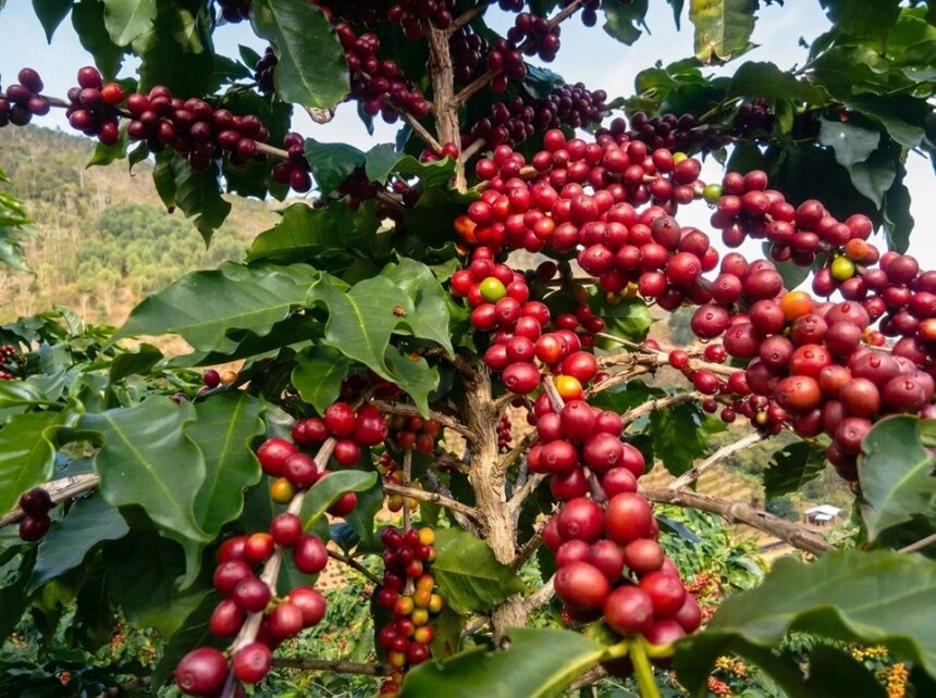 Produtores realizando a colheita do café arábica em uma propriedade rural nas montanhas do Espírito Santo.