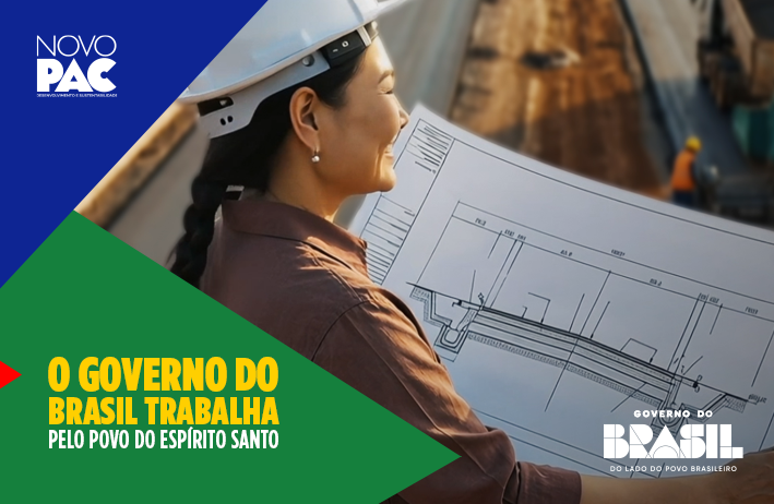 Máquinas pesadas e pavimentação em obra rodoviária do Novo PAC no Espírito Santo.