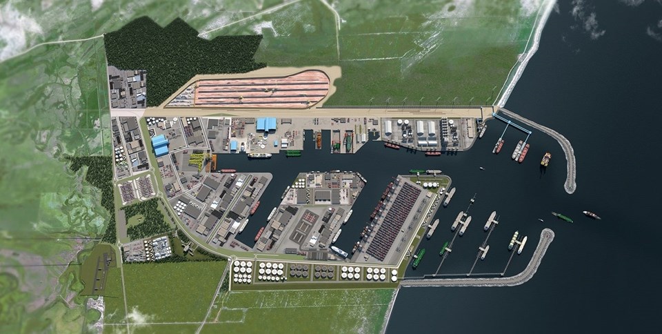 Mapa e planta técnica das instalações do Porto Central, destacando as áreas de desenvolvimento econômico.