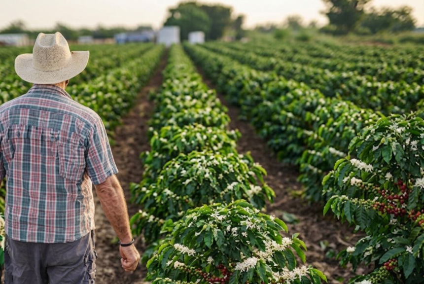 Trator agrícola trabalhando em plantação de café no Espírito Santo beneficiado pelo crédito rural.