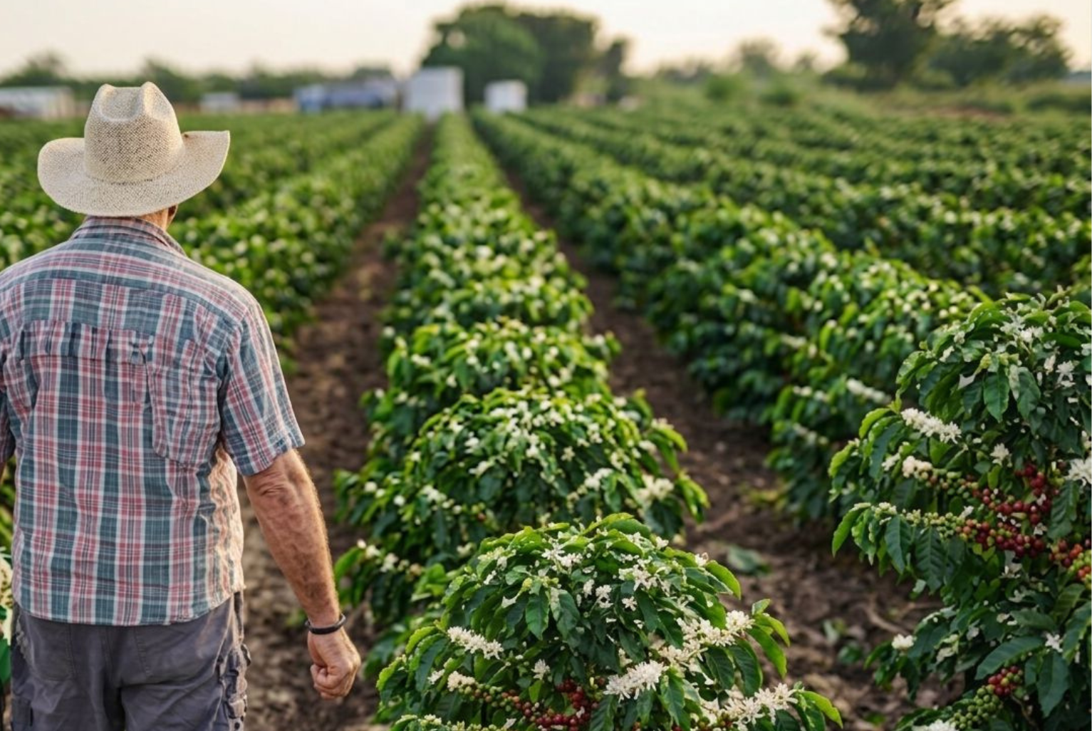 Trator agrícola trabalhando em plantação de café no Espírito Santo beneficiado pelo crédito rural.