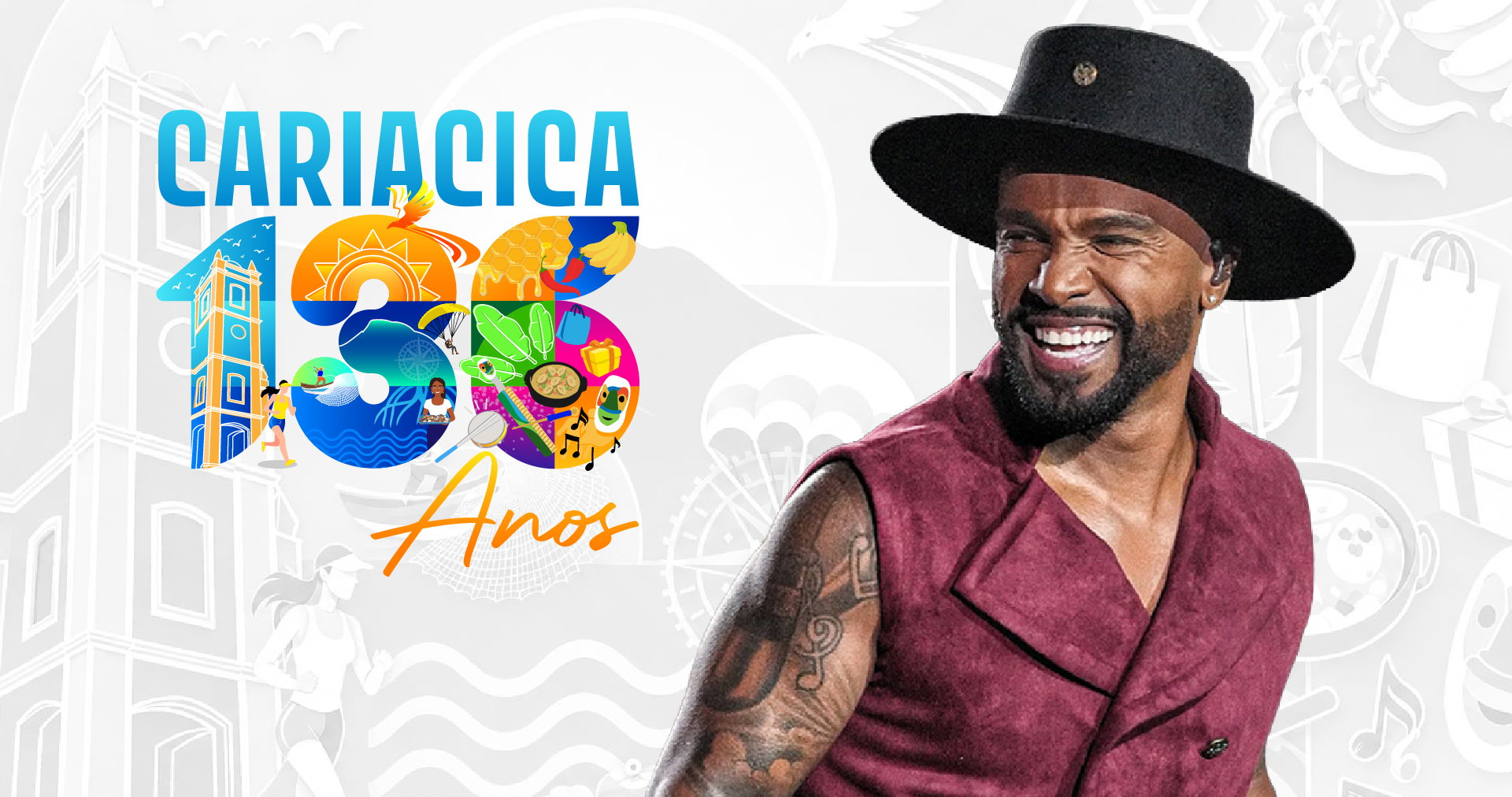 Cantor Alexandre Pires se apresentando ao vivo com luzes coloridas ao fundo na festa em Cariacica.