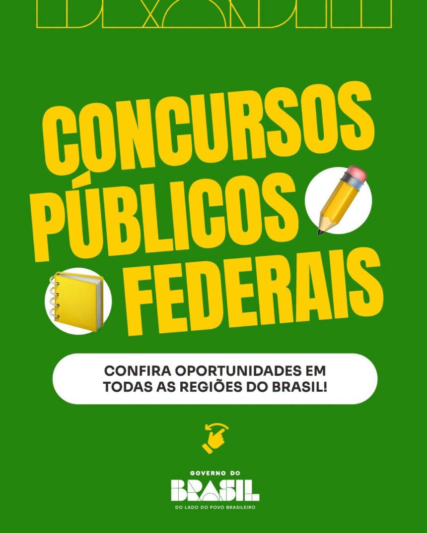 Cartaz oficial verde do Governo do Brasil com a inscrição Concursos Públicos Federais em letras amarelas.