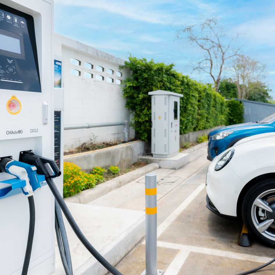 Estação de recarga moderna com cabos conectados abastecendo vários carros elétricos enfileirados na garagem subterrânea de condomínios.