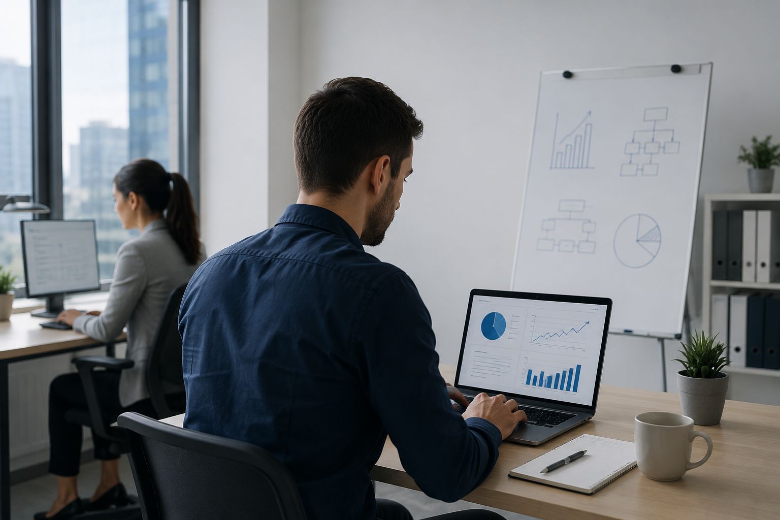 Equipe corporativa reunida em escritório moderno trabalhando com computadores e dados de mercado.