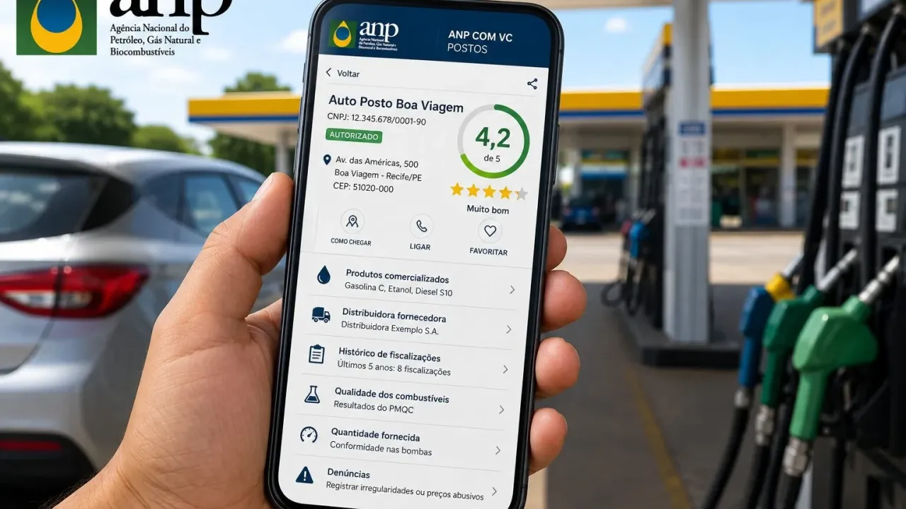 Celular aberto em aplicativo de utilidade pública mostrando mapa de postos de combustível para pesquisa de preços.