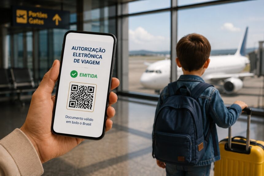 Tela de smartphone mostrando a emissão da Autorização Eletrônica de Viagem com malas de viagem ao fundo.