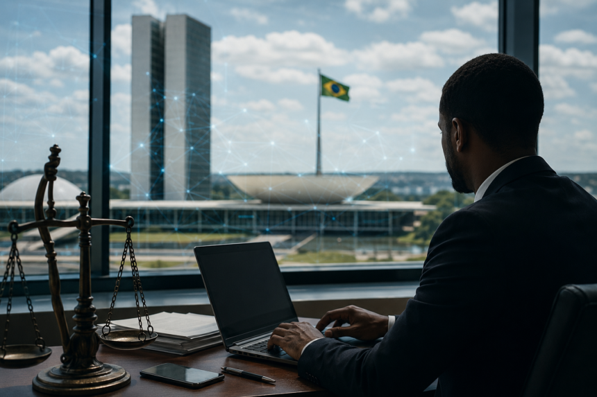 Representação gráfica de dados conectados em rede e servidores em nuvem sobre o avanço da inteligência artificial no Brasil.