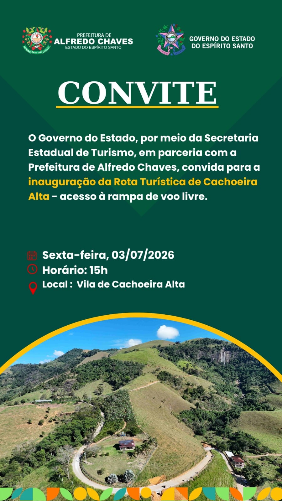 Imagem de convite oficial do Governo do Estado e Prefeitura de Alfredo Chaves para a inauguração da Rota Turística de Cachoeira Alta no dia 03 de julho de 2026.