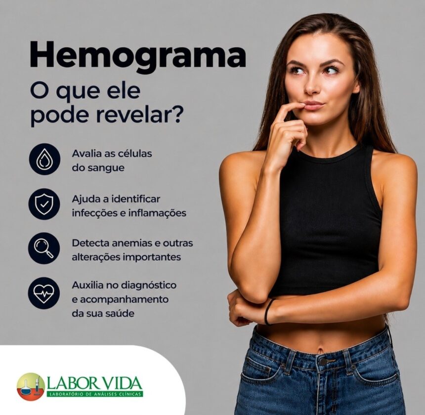 Profissional de laboratório analisando amostra de sangue para a realização de um exame de hemograma completo.