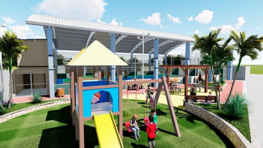 Projeto em maquete eletrônica da nova quadra poliesportiva coberta e da praça com playground na comunidade de Limeira, em Anchieta.