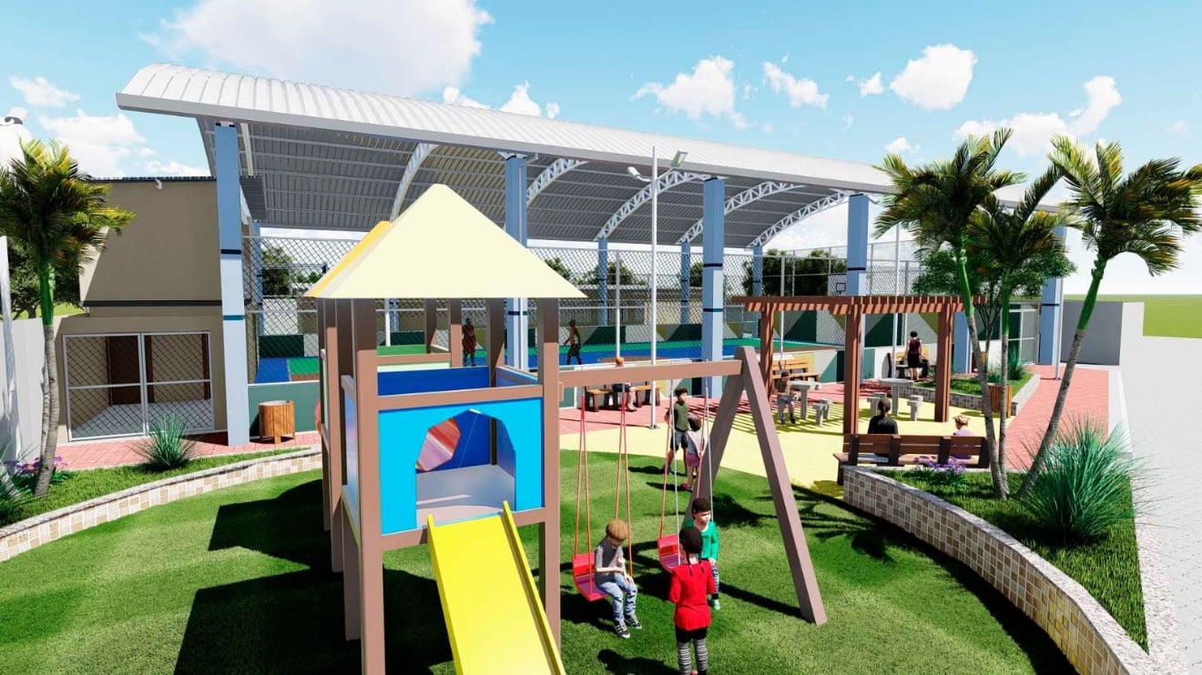Projeto em maquete eletrônica da nova quadra poliesportiva coberta e da praça com playground na comunidade de Limeira, em Anchieta.