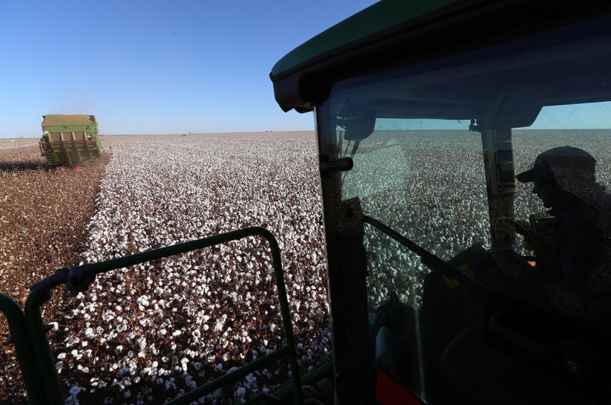 Colheitadeira em campo agrícola representando a liberação do crédito rural na safra 2026/2027 no Brasil.