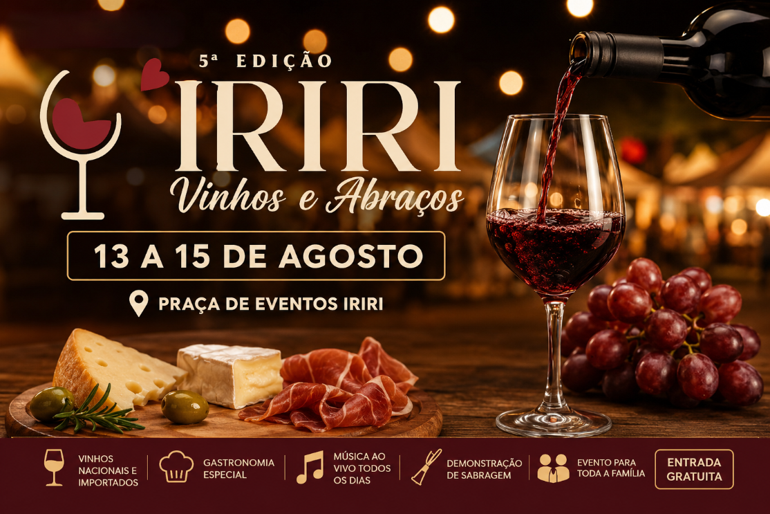 Eventos em Iriri em 2026 destacam público apreciando gastronomia e vinhos na Praça de Eventos em Anchieta.