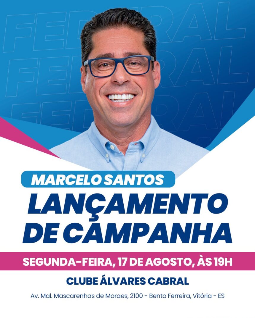 Deputado Marcelo Santos discursando no evento de lançamento de campanha de Marcelo Santos no Clube Álvares Cabral em Vitória.