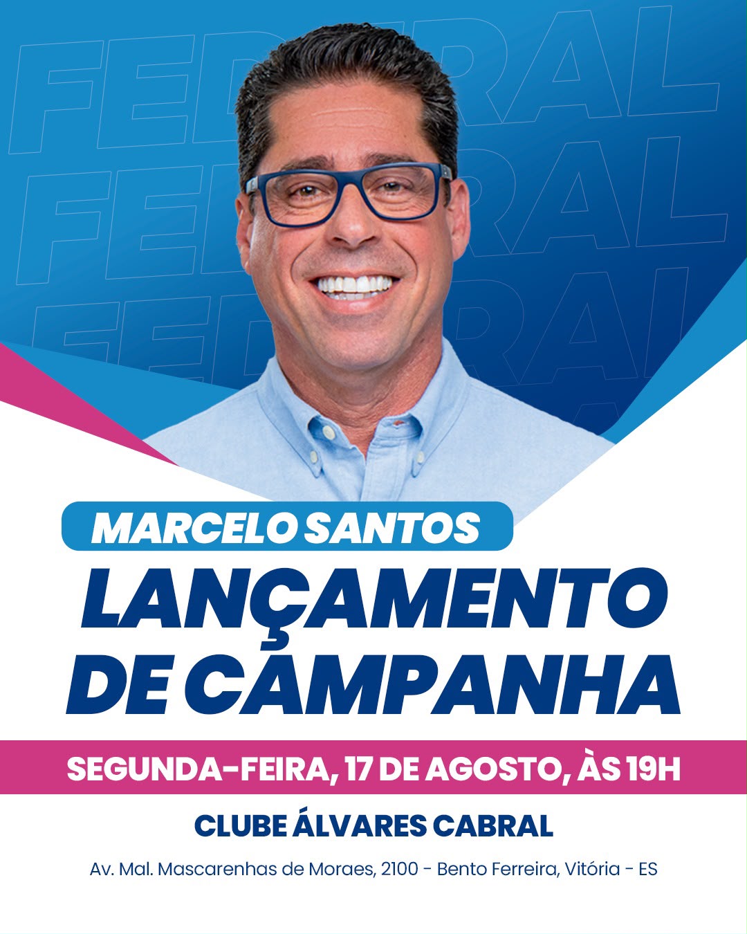 Deputado Marcelo Santos discursando no evento de lançamento de campanha de Marcelo Santos no Clube Álvares Cabral em Vitória.