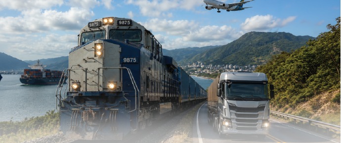 Operação multimodal de transporte representando o Plano Nacional de Logística em 2050.