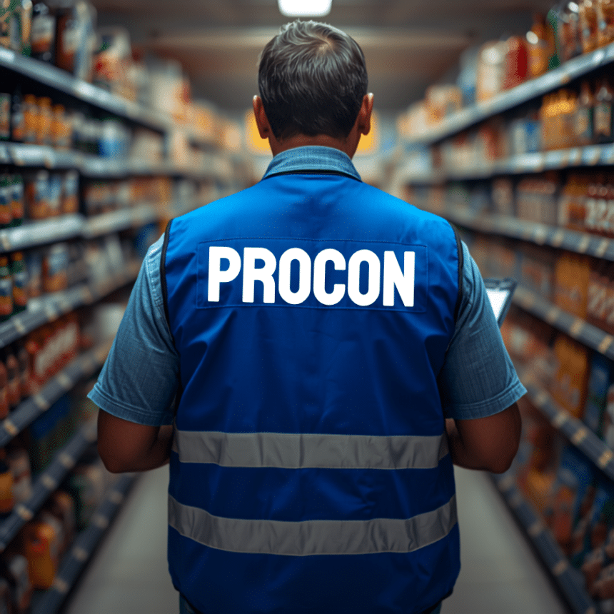 Agente de fiscalização vistoriando preços de produtos sobre o Direito do Consumidor.