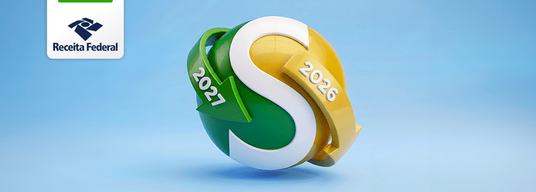 Ilustração oficial da Receita Federal com o símbolo do Simples Nacional em um globo azul, com seta verde apontando para 2027 e seta amarela para 2026.