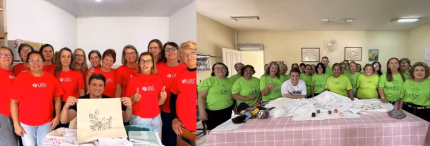 Voluntárias de Alfredo Chaves trabalhando em peças de artesanato comunitário para ajudar abrigo de idosos.